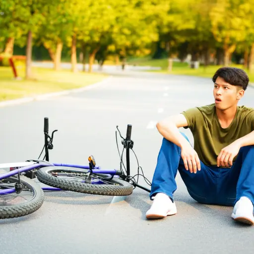 他骑自行车时摔倒了，但幸运的是这只是个小意外。