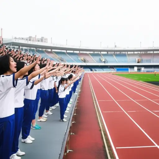 学生们在体育比赛中有节奏地喊着加油口号。
