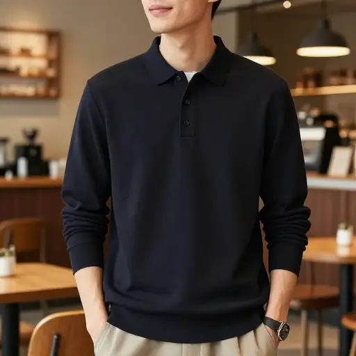 他喜欢带 polo 领的毛衣，显得休闲。