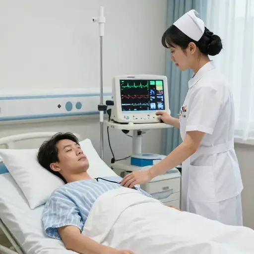 护士正在监测他的心率和呼吸。