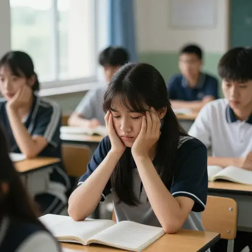我们等待考试成绩时，房间里充满了紧张气氛。