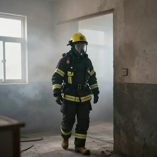 消防员在烟雾弥漫的建筑中使用特殊的呼吸设备。