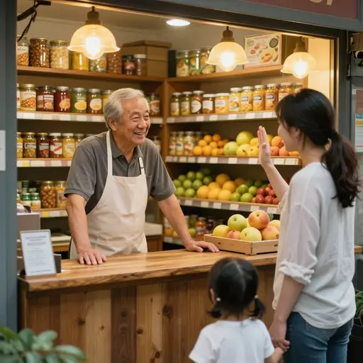 那位友善的老店主记得每位顾客的名字，总会问候他们的家人。
