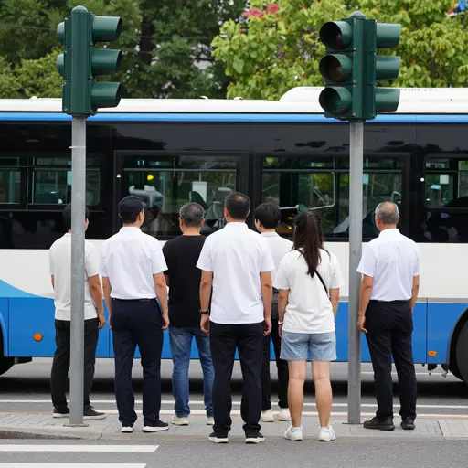 公共汽车正在红绿灯处停下。