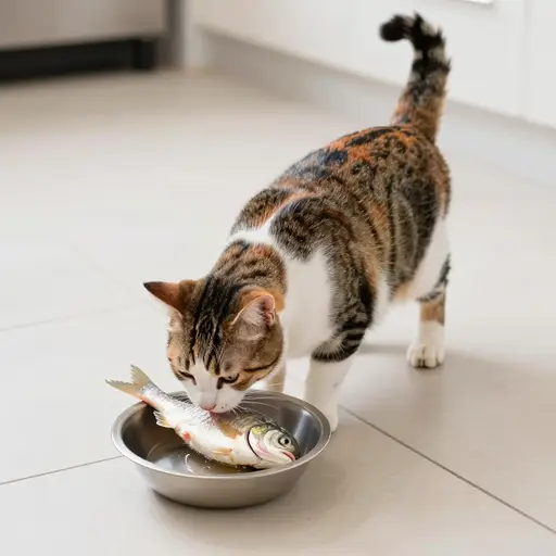 猫正在厨房里吃鱼。