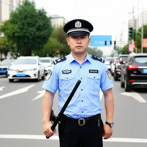 警察用警棍指挥交通。