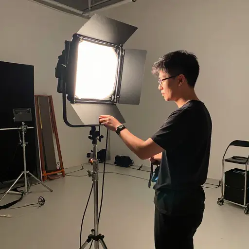 灯光技术人员确保所有片场设备都运行正常。