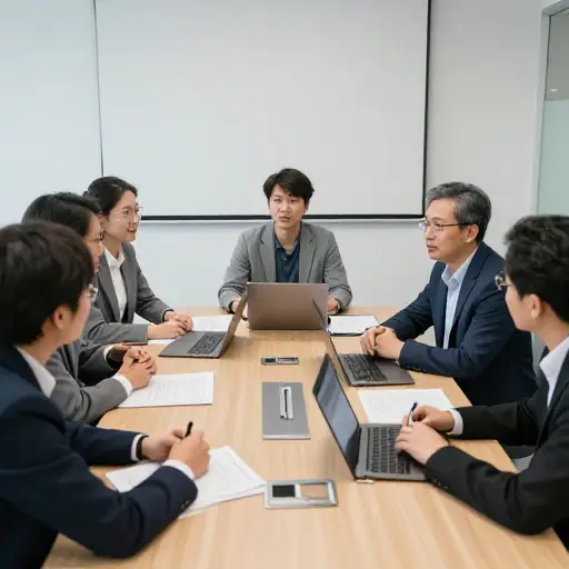 参加完同一个会议后，研究人员就新项目交流了看法。