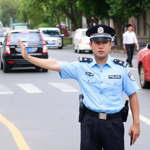那个警察在街角指挥交通。