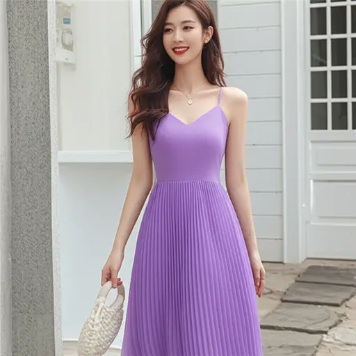 她穿了一条淡紫色的裙子，颜色像兰花一样柔和。