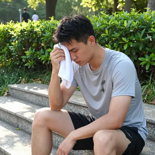 剧烈运动后，他用毛巾擦去额头上大量的汗水。