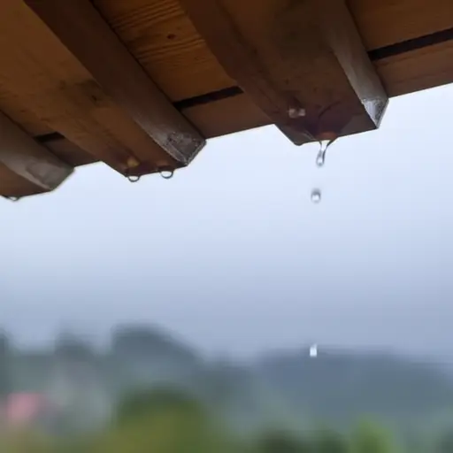 雨滴从屋顶的椽子上滴落下来。