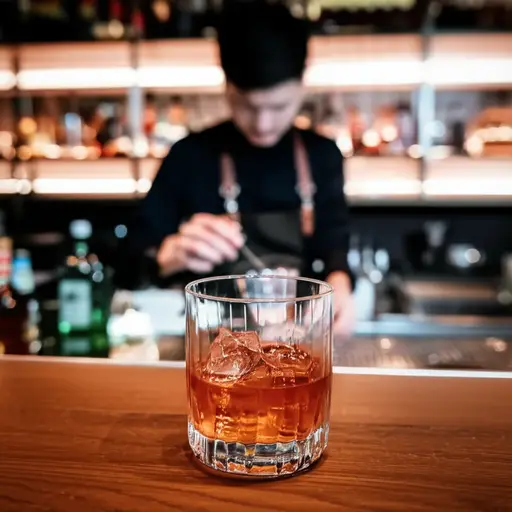 他在酒吧点了一杯加冰的烈酒。