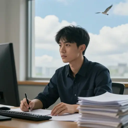 每当他试图专注于枯燥的文书工作时，他的思绪就会走神。