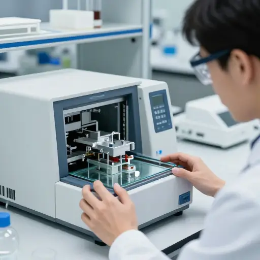 他小心地把易碎的仪器放在工作台上。