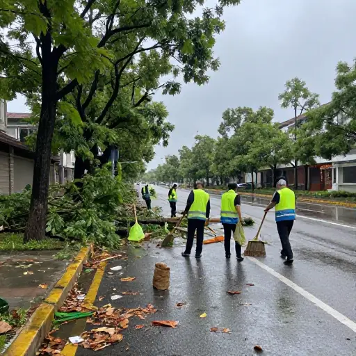台风过后，志愿者们迅速行动起来帮助清理街道。
