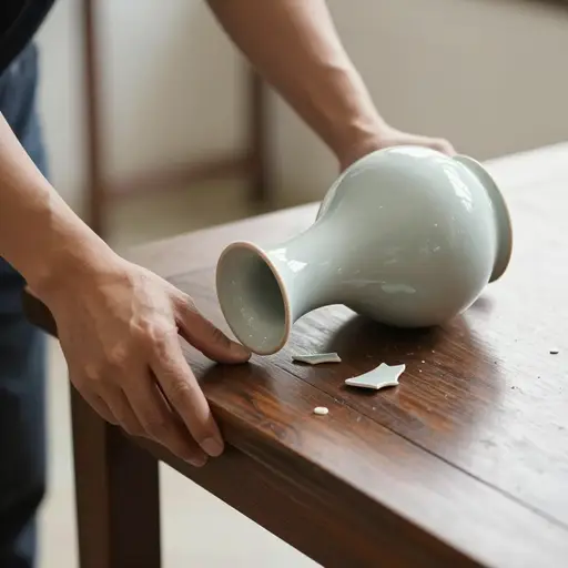 他不小心把花瓶从桌子上碰掉了。