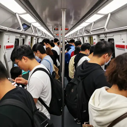 高峰时段，客车车厢很拥挤。
