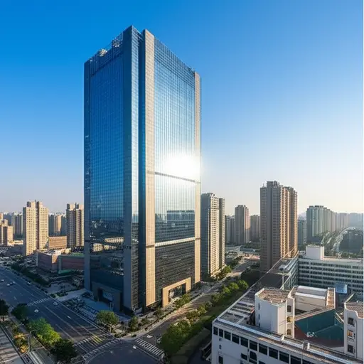 这座高楼在周围的建筑中显得非常突出。