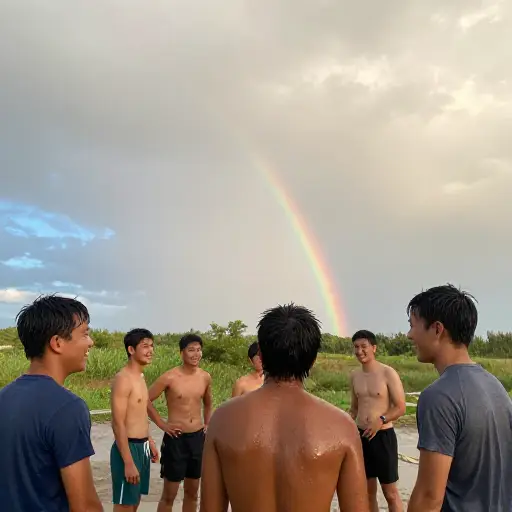 我们都湿透了，但然后太阳又出来了，我们看到了一道美丽的彩虹。
