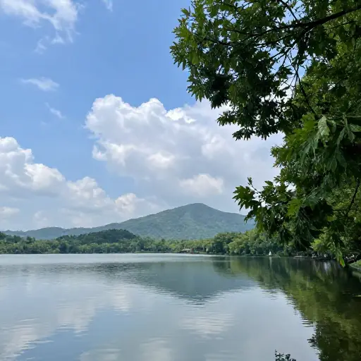 暴风雨过后，湖泊恢复了宁静的状态。