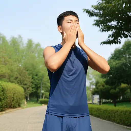 在跑步后，他停下来深呼吸了几次。