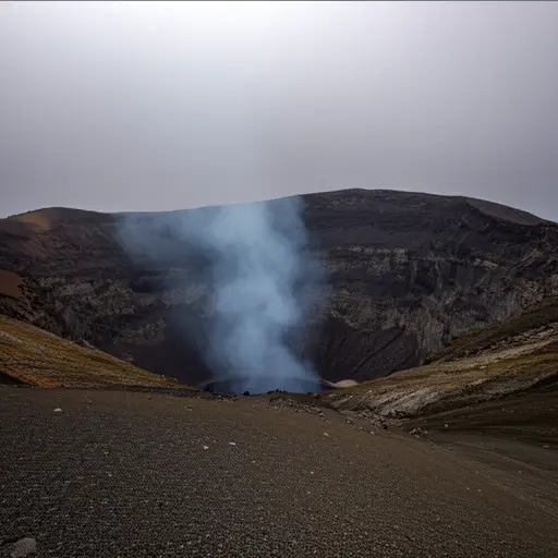 火山爆发后，山顶形成了一个巨大的坑洞。