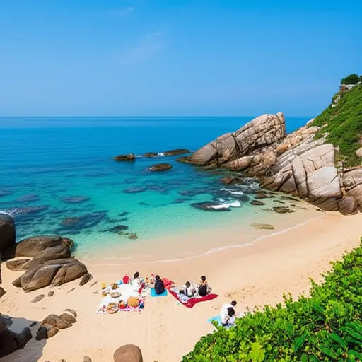 我们在海边发现了一个隐蔽的小海湾，非常适合野餐。