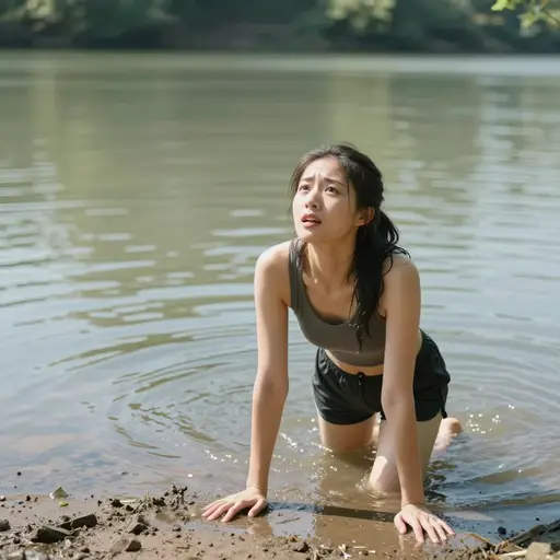 经过长时间的搏斗，她终于逃脱了鳄鱼。