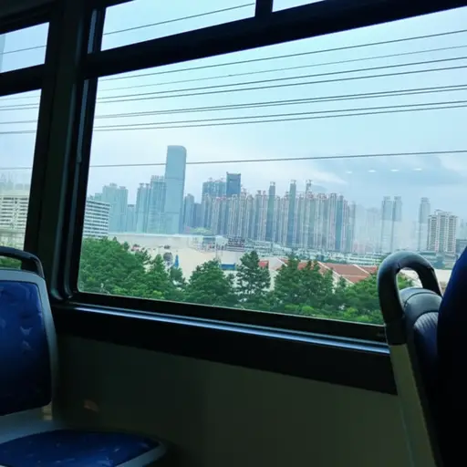 公交车穿过市中心时，我看着城市的天际线。