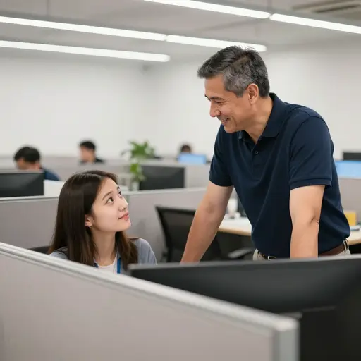 我们的新经理出奇地和蔼，经常走到工位旁和实习生聊天。