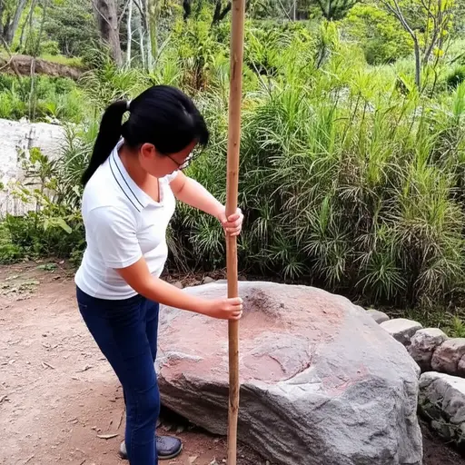 她用一根长杠杆撬起了那块沉重的石头。