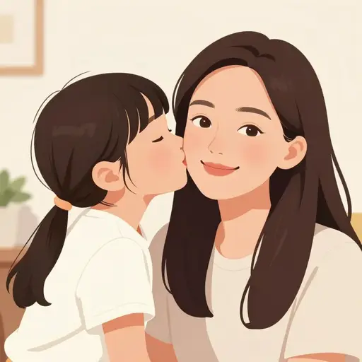 女孩亲了亲妈妈的脸颊。