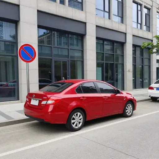 大楼外有一辆非法停放的汽车。