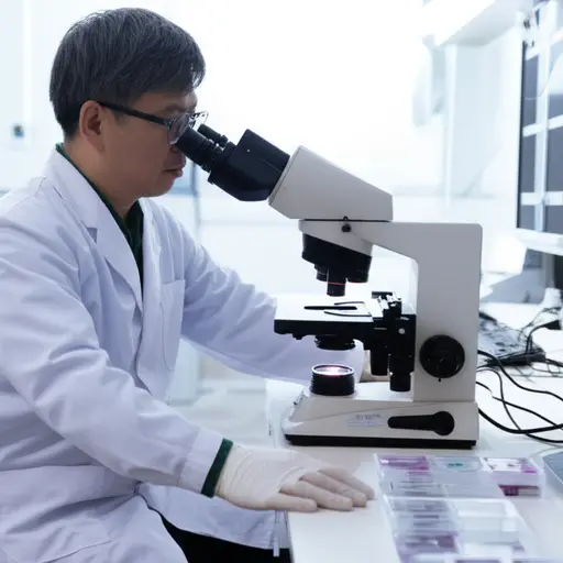病理学家在显微镜下观察组织样本以诊断疾病。