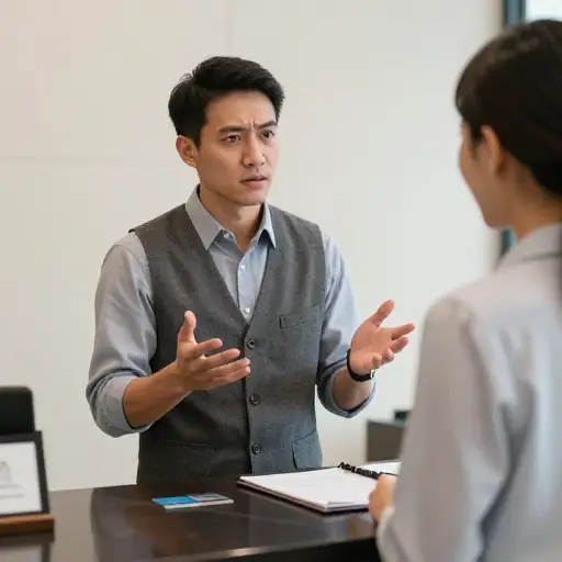 他用结结巴巴的英语与酒店前台人员交流。