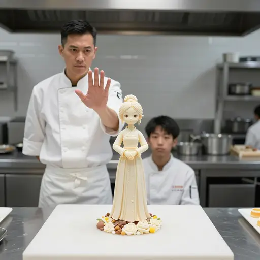 糕点师警告说，这尊易碎的糖雕只要桌子被碰一下就会倒塌。
