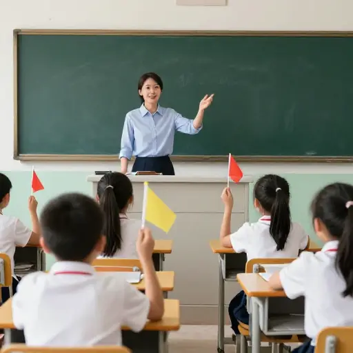 老师发出信号后，孩子们都举起了旗子。