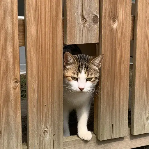 猫挤过了篱笆上的一个小洞。