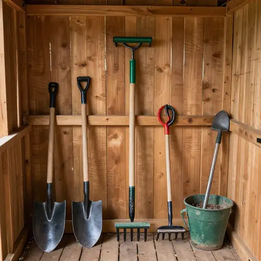园艺工具在棚屋里。