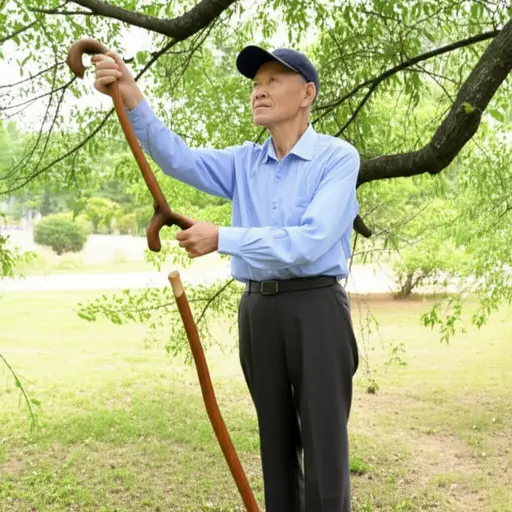 他用拐杖的弯钩勾住了树枝。