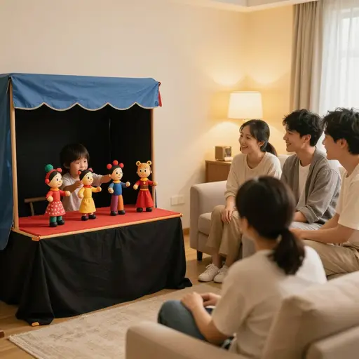 孩子为家人表演了一场木偶戏。