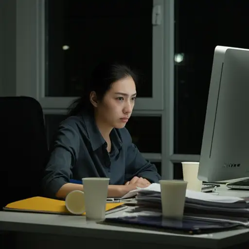 连续几周加班后，她像个机器人一样机械地完成工作，毫无热情。