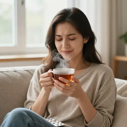 一杯热茶可以缓解她的头痛。