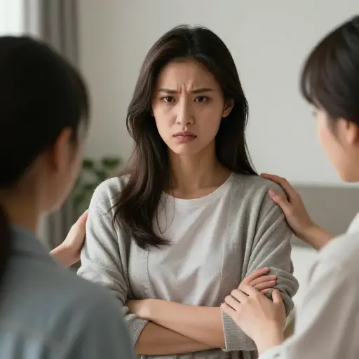 起初她很生气，但我们设法让她冷静下来。