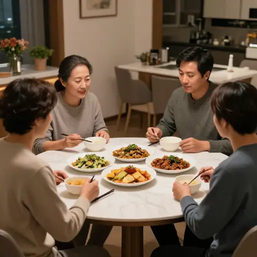 我们围坐在桌旁吃晚饭。