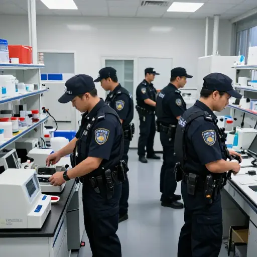 在一次协调行动中，警方突击搜查了嫌疑人的实验室以寻找非法物质。