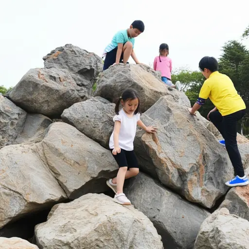 孩子们手脚并用地爬上了岩石堆。