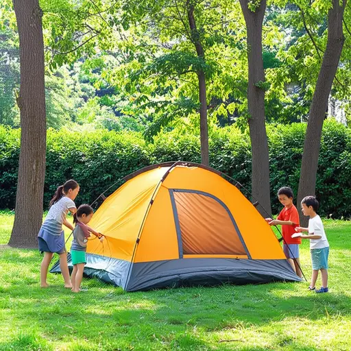孩子们在森林里搭帐篷露营。