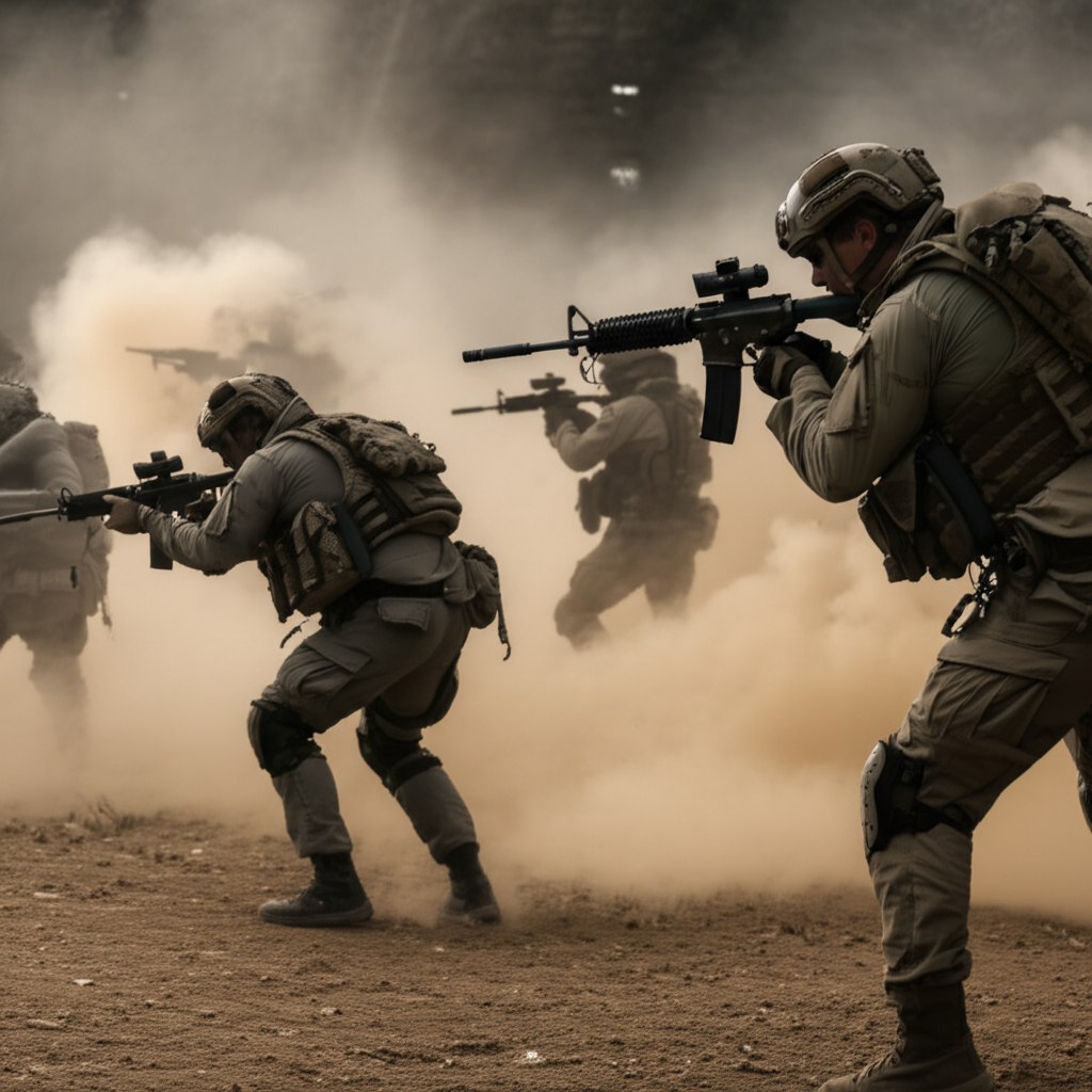 士兵们举着步枪，瞄准目标。
